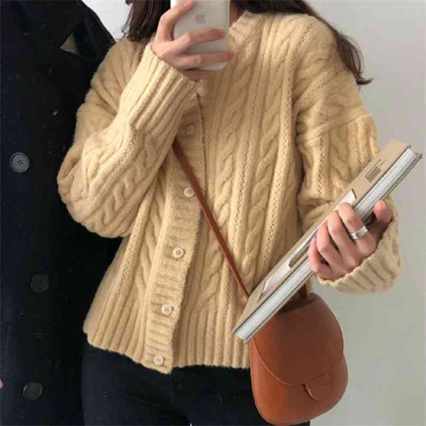 

retro twist loose long sleeve cardigan sweater female round neck single-breasted solid color knitted women spring autumn 210427, White;black
