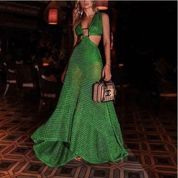 

fashion beach bohemian style womens dress mesh hollow out sleeveless halter see through green maxi long sundress plus size s, Black;gray