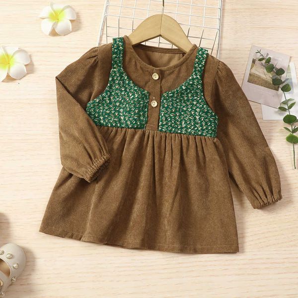 

little girls casual long sleeve dress fashion print stitching corduroy round neck a-line dress 1-5y dresses children's clothing g1026, Red;yellow
