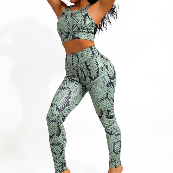 

women's leggings 2pcs/set women fitness push up set high waist workout legging pants fashion female snake skin print plus size, Black