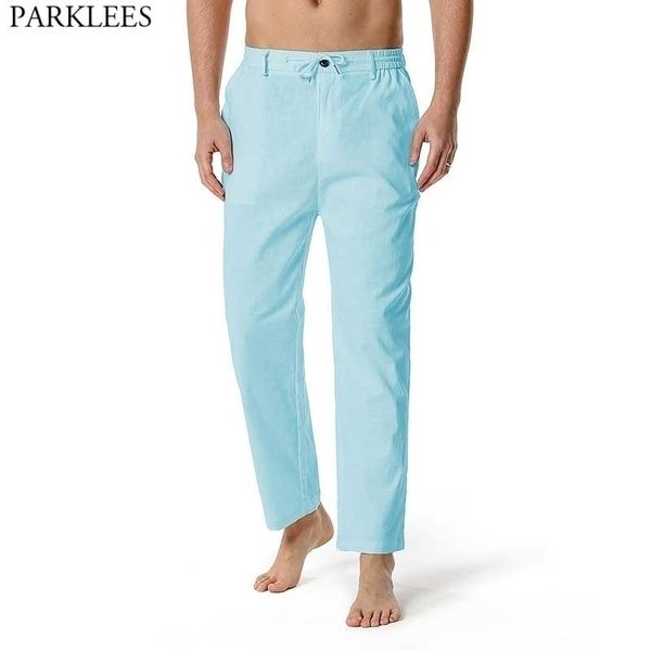 Мужские хлопковые льняные брюки эластичные талии накапливателя накаливания кнопки летание лаундж брюки мужчины легкие летние йоги пляж повседневный брюки 3xL 210522