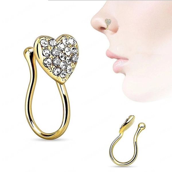 Moda homens mulheres falsificador de cristal nariz piercing corpo jóias coração forma nariz nariz nariz anel cartilagem tragus ring