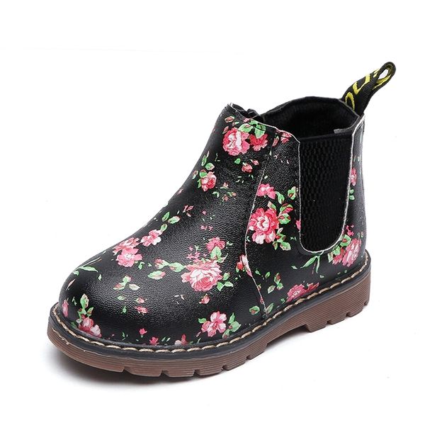 

toddler girl pretty floral print fleece-lining leather boots 210528, Black;grey