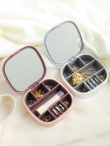 

storage boxes & bins mini flip jewelry box exquisite home ring bracelet dustproof mirror convenient lipstick makeup organizer