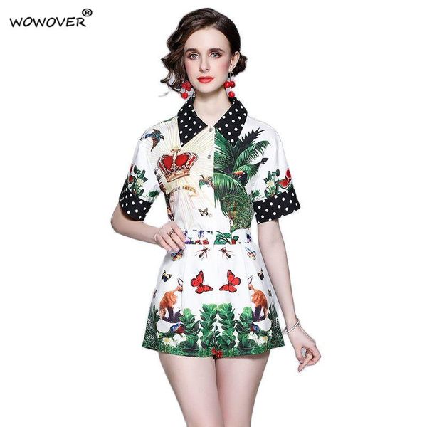 

women's tracksuits summer runway suit for women 2021 fashion turn down collar print shirt+shorts 2 piece matching set casual office lad, Gray