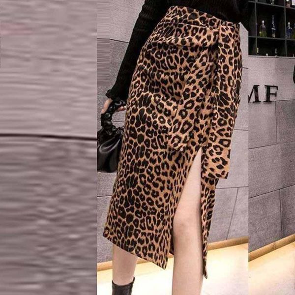 

skirts elegant side lace-up bow skirt women leopard print split midi 2021 spring summer temperament commuter bag hip, Black