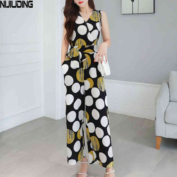 

women retro chiffon wide leg pants spring summer bodysuits female slim printed dot lace up v-neck vest oversize jumpsuits 210514, Black;white