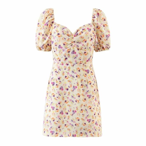 

sweet women square collar puff sleeve dress summer fashion ladies beach style female flower print mini 210515, Black;gray