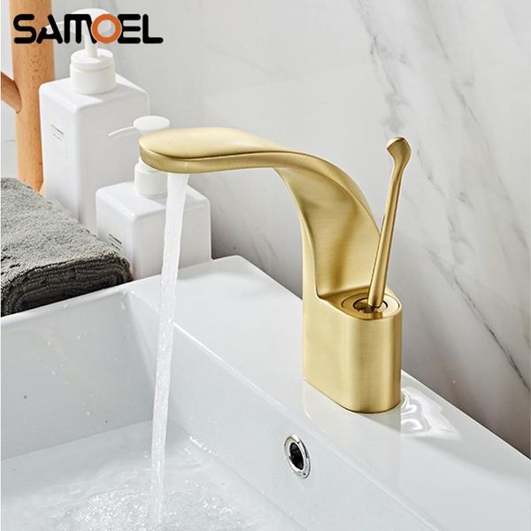 

bathroom sink faucets artistic design nordic style deck mounted brass gold brushed faucet single holder basin mixer tap g1126
