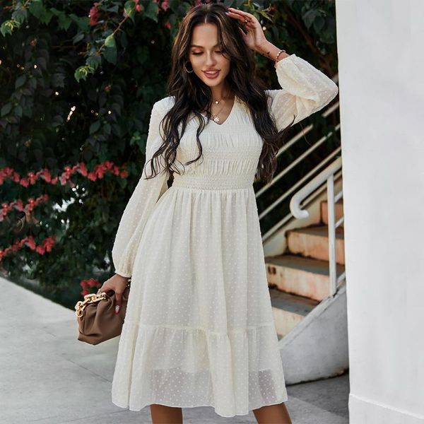 

women's midi dress autumn elegant v neck long sleeve dresses for women high waist a-line vestidos woman clothing casual, Black;gray