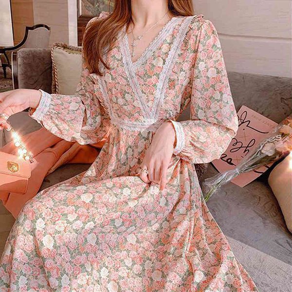 

dresses 2021 summer sweet one piece korean v-neck long sleeve midi women causal elegant party floral dress female design y2k, Black;gray