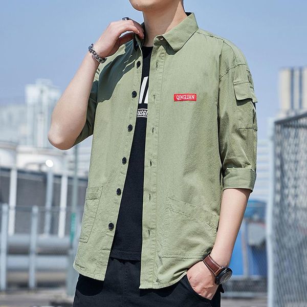 

men shirt long sleeve street oxford shirts tooling pocket patchwork japan summer cotton loose casual tuxedo formal anti-wrinkle men's h, Black