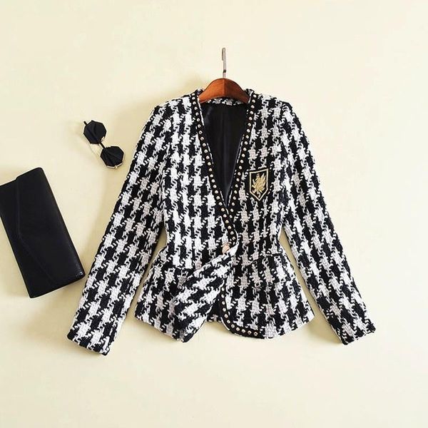

women's jackets brand famale rivet embroidery badge plaid jacekt elegant single button casaco feminino v neck slim tweed coat mujer, Black;brown