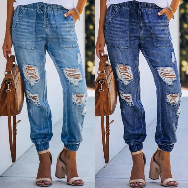

women's jeans women fashion drawstring elastic waist ripped hole jogged denim pants casual washed trouser pantalones vaqueros muje, Blue