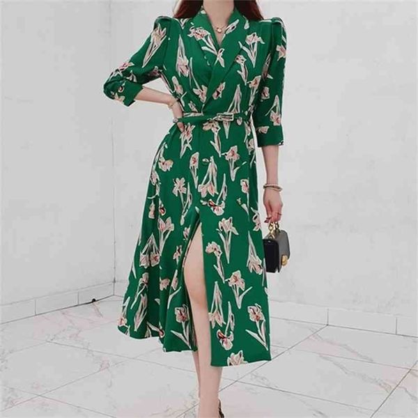 

spring fashion elegant dress for women lapel puff sleeve high waist sashes green flowers office ol slim dresses female 210519, Black;gray