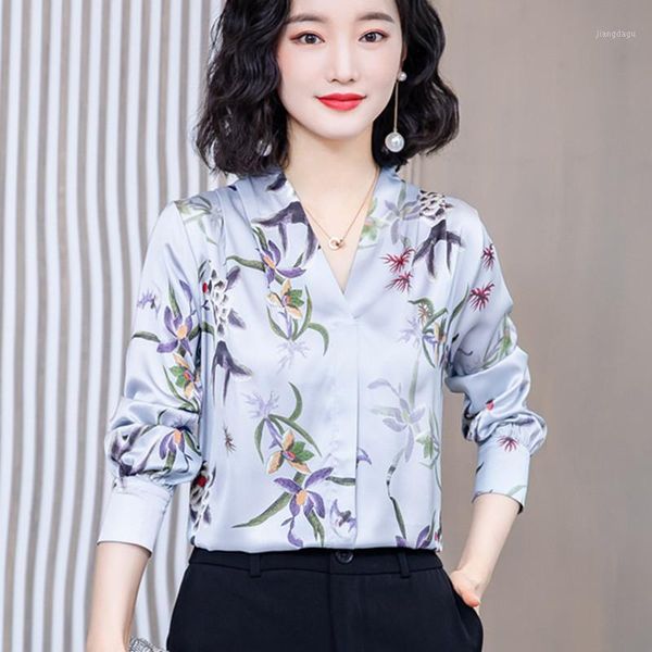 

korean silk blouses women print blouse ol satin shirt woman v-neck plus size blusas femininas elegante women's & shirts, White