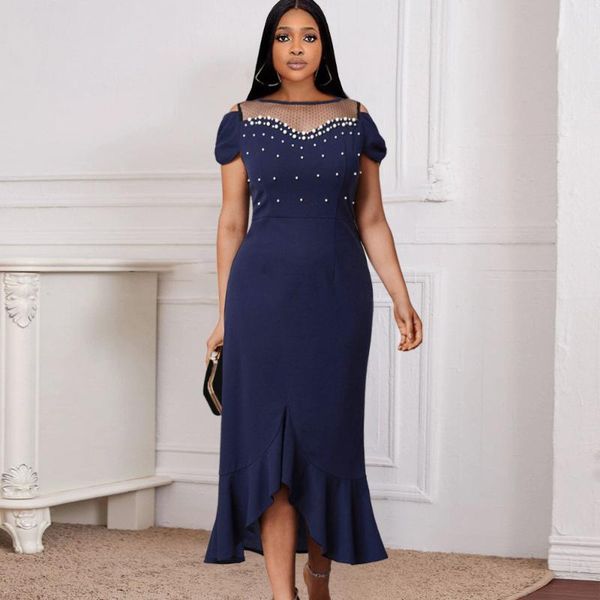 

casual dresses elegant women midi dress beading mesh patchwork female robe irregular ruffles party club vestidos, Black;gray
