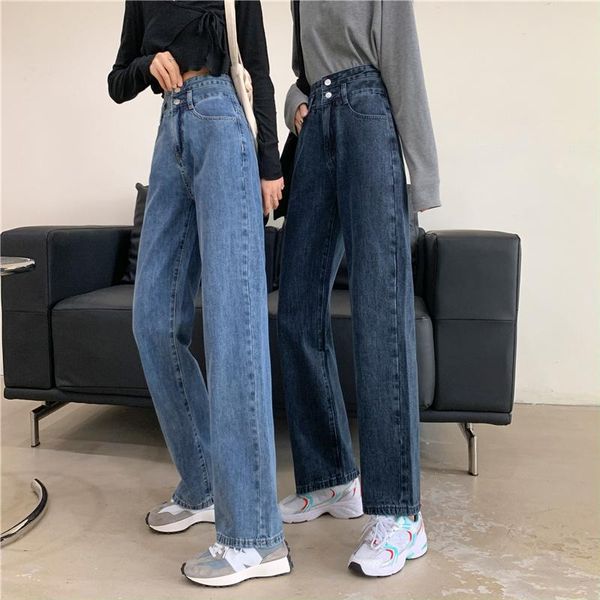 

women's jeans straight spring and autumn loose wide leg pants high waist slim, Blue