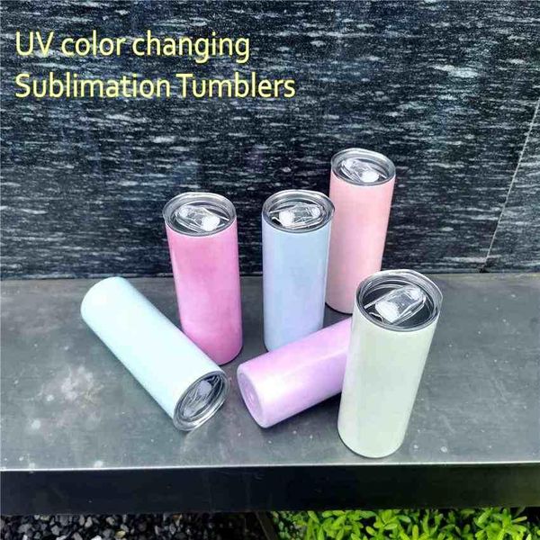 

fast ship uv color changing tumbler 20oz sublimation tumbler sun light sensing stainless steel straight tumbler with lid and straws