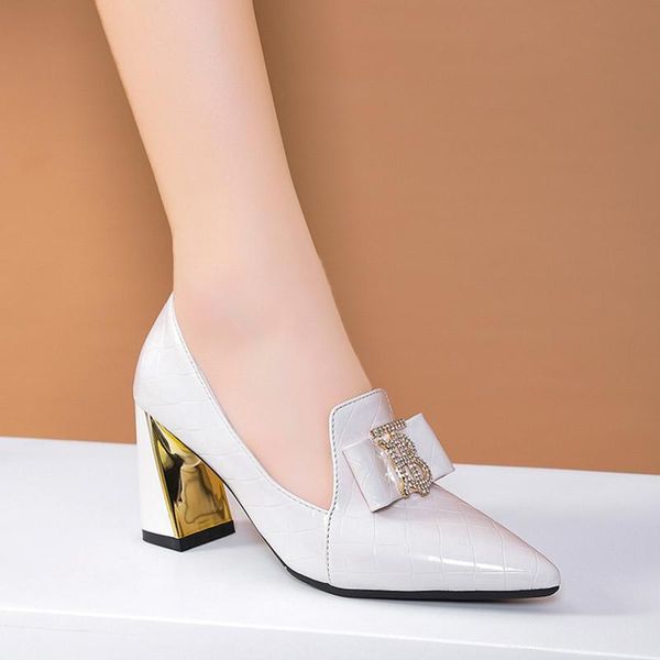 

dress shoes 2021 autumn high heels embossing pumps office lady woman pointed toe boat gold heel zapatos mujer 8654c, Black