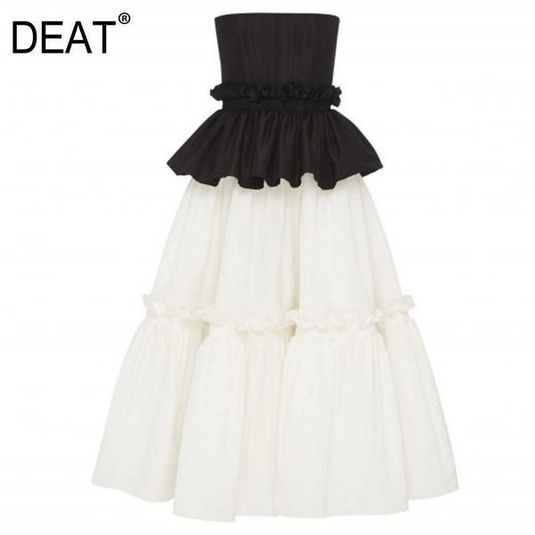 

[deat] women patchwork ruffles pleated temperament dress strapless sleeveless loose fit fashion spring summer 13s116 210527, Black;gray