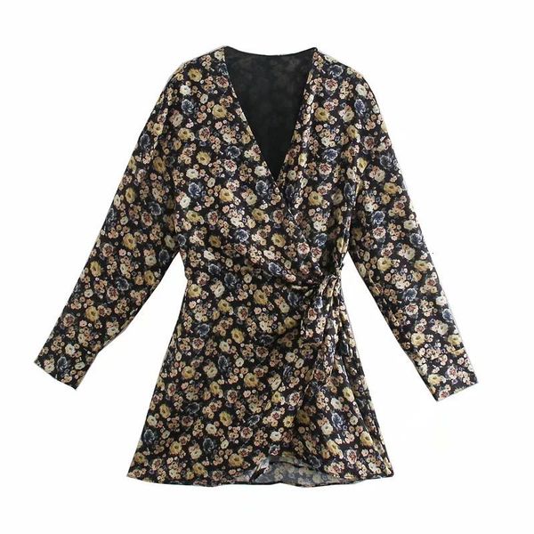 

dresses women floral printed v-neck waist knot detail elegant lady short mini woman femme robe ropa mujer vestidos, Black;gray