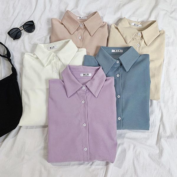 

women's blouses & shirts spring and summer solid color shirt casual harajuku long-sleeved student all-match outer wear female, White