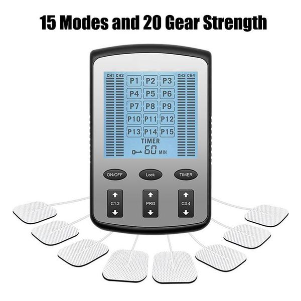 

electroestimulador digital physiotherapy tens machines ems unit 15 modes intelligent neck body pulse massager 4 output pads electric massage