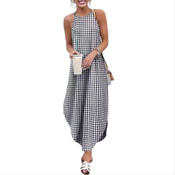 

women's summer fashion round neck solid color dovetail sling dress casual dresses, Black;gray
