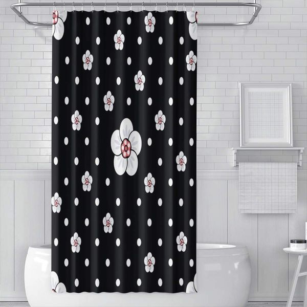 

home decoration shower curtain polka dot white flowers cherry blossom on black waterproof stall bathroom curtain 36w x 72l