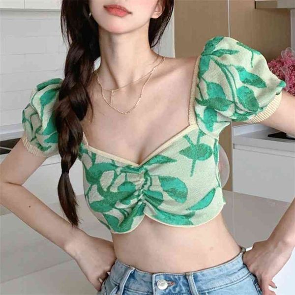 

french floral knitted t-shirt for women's summer design 210529, White