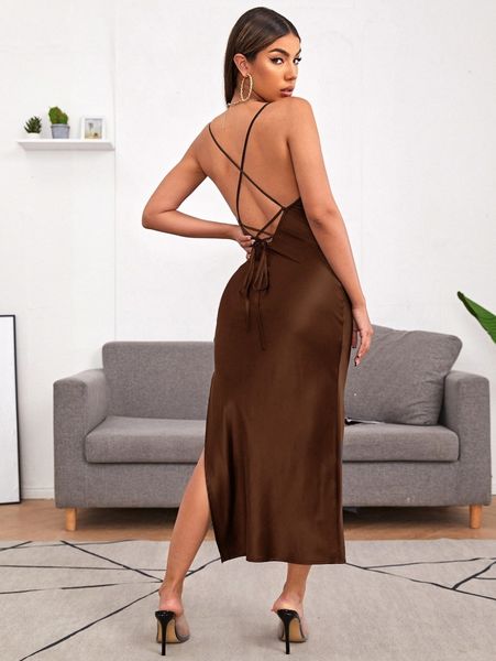 

crisscross back high split dress z1rs#, Black;gray