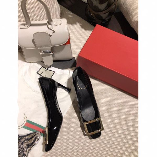 

dress shoes 2021 women pointed toe pumps patent leather high heels boat wedding, Black