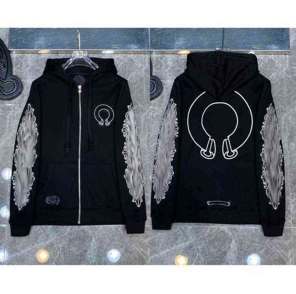 

brand classic ch quality hoodie luxury zipper autumn winter sweatshirts designer fashion men sweater horseshoe phantom cross print hooded wo, Black