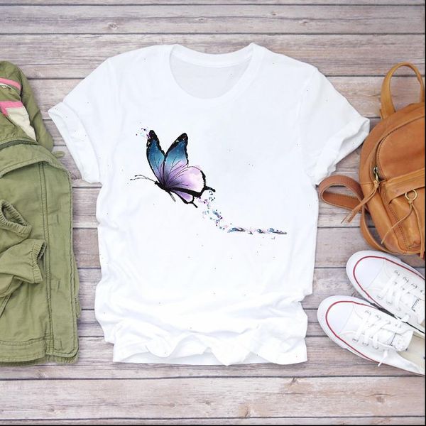 

butterfly printing short sleeve womens fashion print graphic tee, White