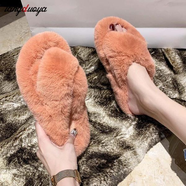 

fur slides women slippers winter shoes candy colors furry home sandals cute indoor hair flip flops, Black