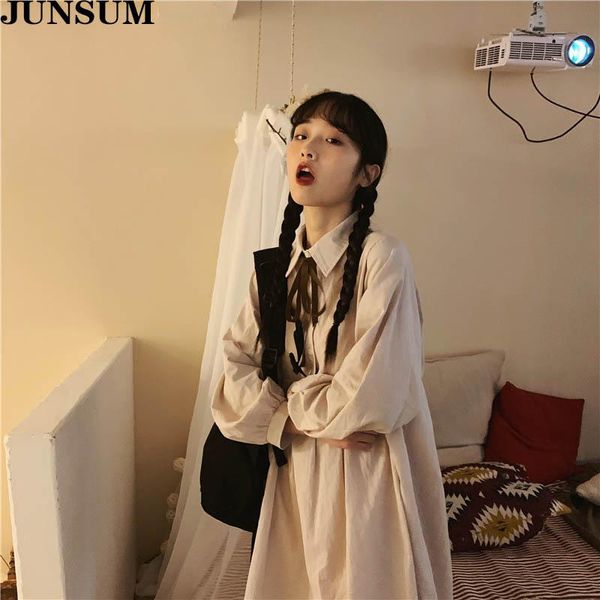 

casual dresses korean women's dress elegant turndown collar full sleeve elastic waist female cotton linen 2021 spring midi vestidos fem, Black;gray