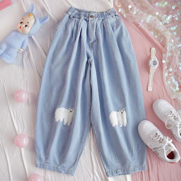 

japanese kawaii denim wide leg womens capri jeans high waist casual trousers female harajuku street cute girls harem, Black;white