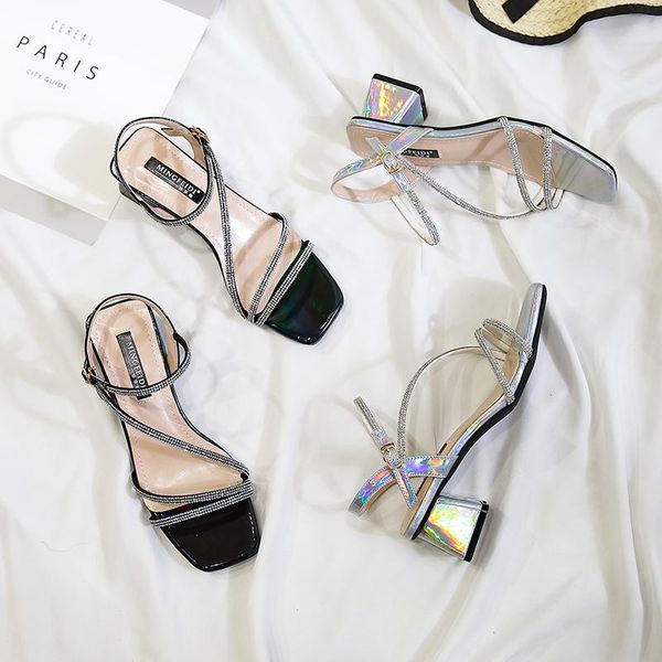 

sandals plus size 41 42 43 2021 summer women square high heel ladies blingbling crystal lace-up elegant beach casual pumps, Black