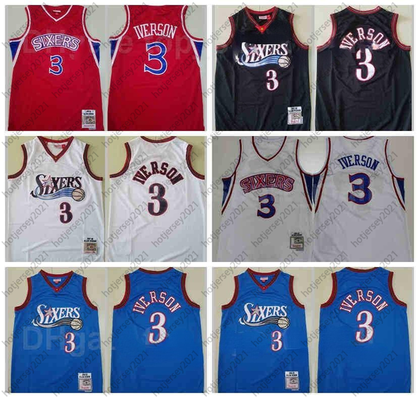 

men mitchell and ness basketball allen iverson jersey 3 vintage black white red blue team color home breathable pure cotton high quality, Black;red