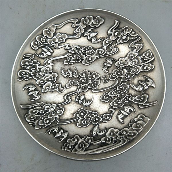 

china old carved tibetan silver writing-brush washer chinese dragon plates, Brown