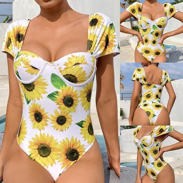 

women's swimwear floral push up one piece swimsuit women female flower short sleeve padded bathing suit swim e5pm, White;black