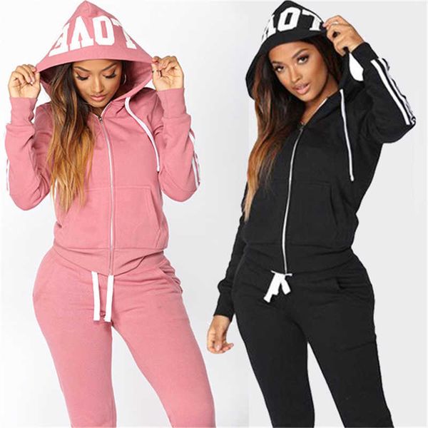 

autumen two piece set tracksuit s love print hoodie jacket pants sweatshirt female sports suit for clothing 210930, White