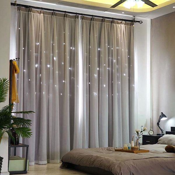 

layers hollow out stars curtains double fabric and gauze drapes blinds (grey) curtain &