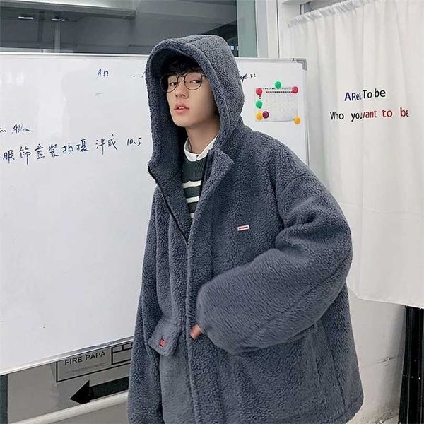 

men oversized hoodie lamb wool coat men's plus velvet thick winter padded jacket korean loose warm cotton outerwear 211204, Black