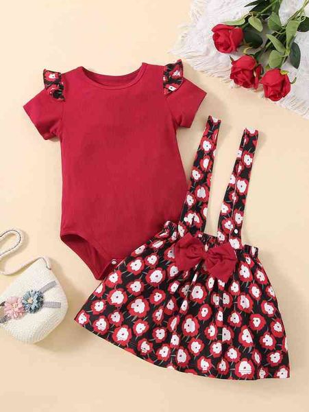 

baby ruffle trim bodysuit & floral print suspender skirt she, White