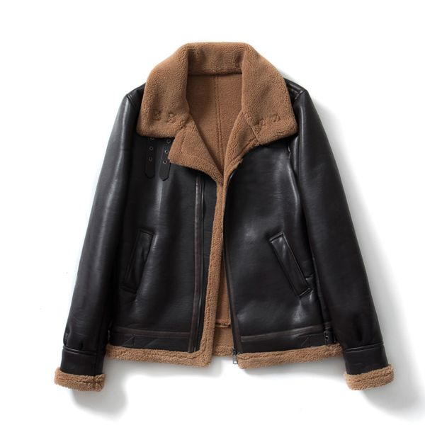 

men's faux sheep leather jacket fur short style coats with fur liner motorcycle style coat autumn winter 2021, Black