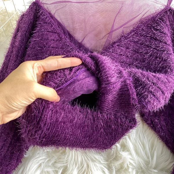 

autumn winter new women fashion stitching mesh off-shoulder imitation mink pullover sweater uk898, White;black