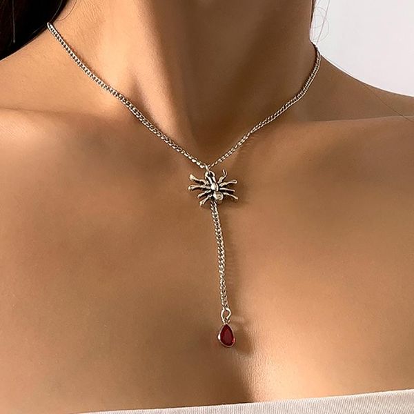 

pendant necklaces ins hip-hop punk spider necklace vintage red water drop rhinestone earrings for women girls fashion jewelry gift, Silver