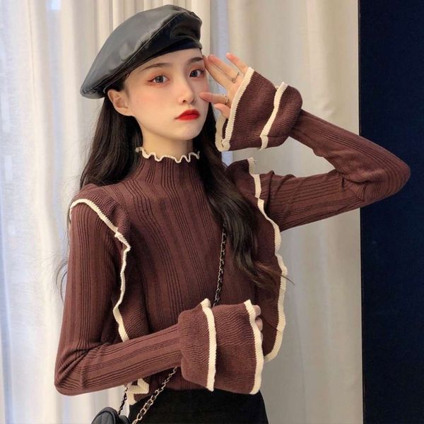 

women's sweaters sweatersautumn winter foreign style pullover ruffle, slim with half high collar and bottomed sweater izys, White;black